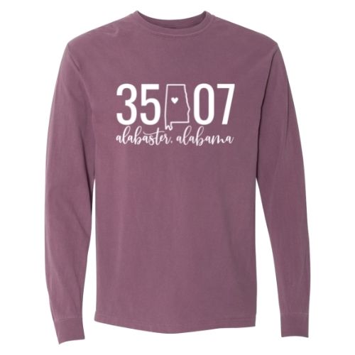 Comfort Colors Alabaster Zip Code 35007 With State Outline as Zero - Long Sleeve Shirt