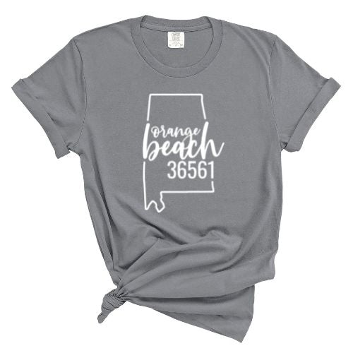 Comfort Colors Orange Beach Zip Code 36561 With Big State Outline - Short Sleeve Shirt
