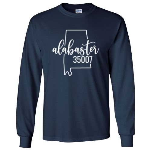 Gildan Alabaster Zip Code 35007 With Big State Outline - Long Sleeve Shirt